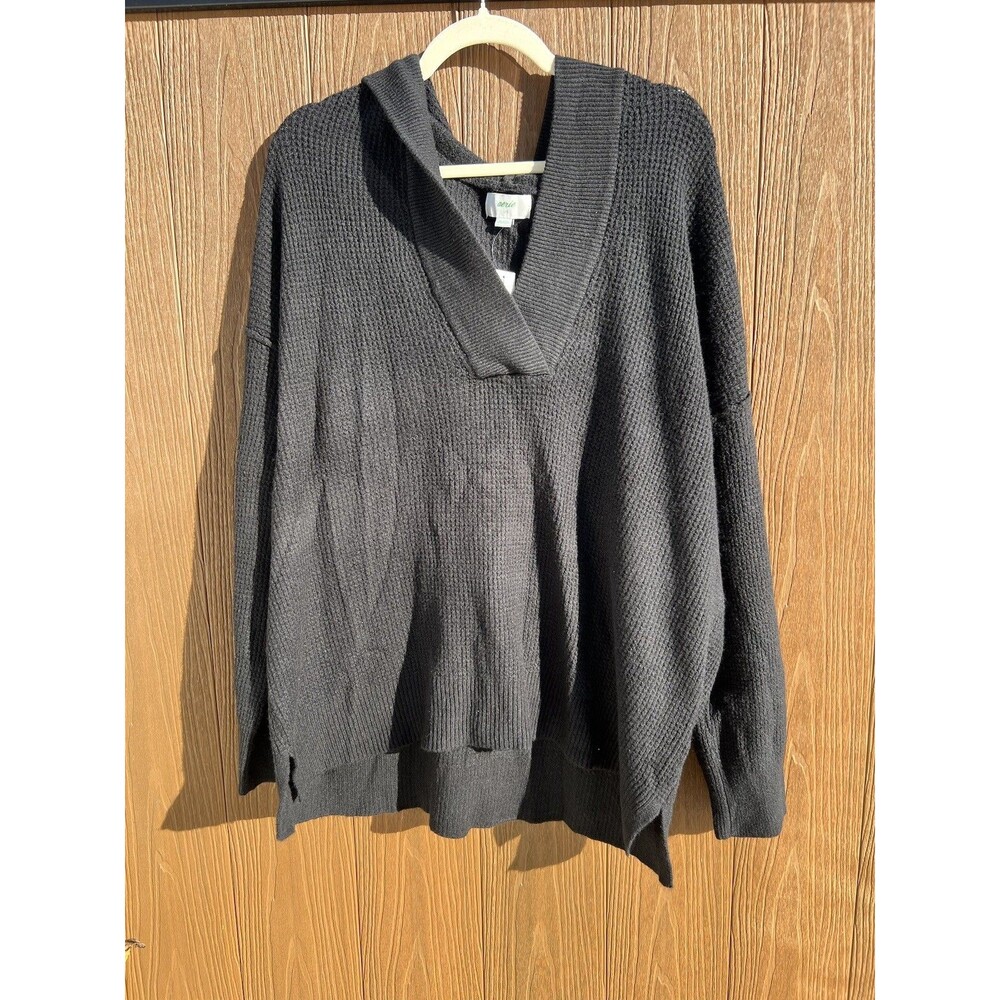 Aerie V-Neck Hoodie Pullover Sweater Oversized Fit Black Women's Size Large